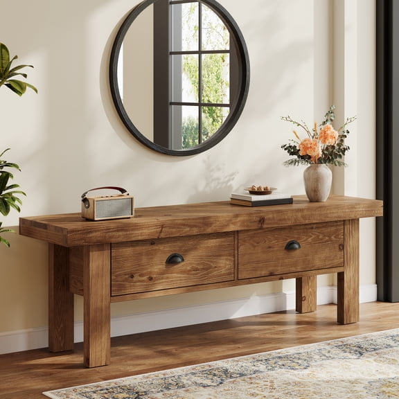 Finmind Solid Entryway Bench with 2 Drawers, 55" Farmhouse Long Entryway Bench Seat for Indoor, End of Bed, Living Room