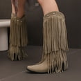 thumbnail image 6 of Xfvqtps Womens Western Boots Cowgirl Boots Mid Calf with Long Tassels Pointed Toe Chunky Heel Fashion Boho Booties for Fall Winter Khaki, 6 of 6