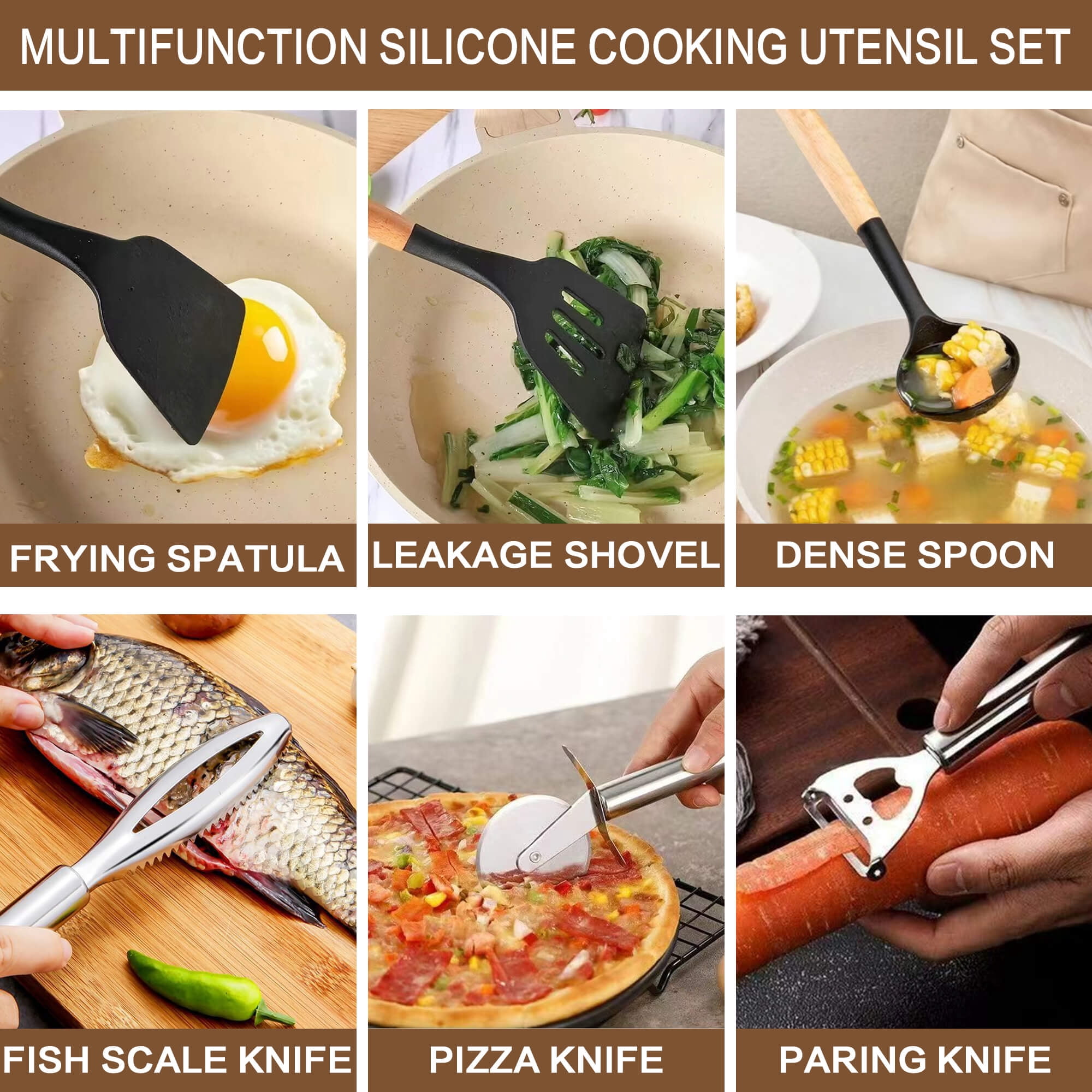 HEESEM 20 Pcs Silicone Stainless Steel Cooking Utensils Set -Multifunctional Kitchen Utensil Set - Black