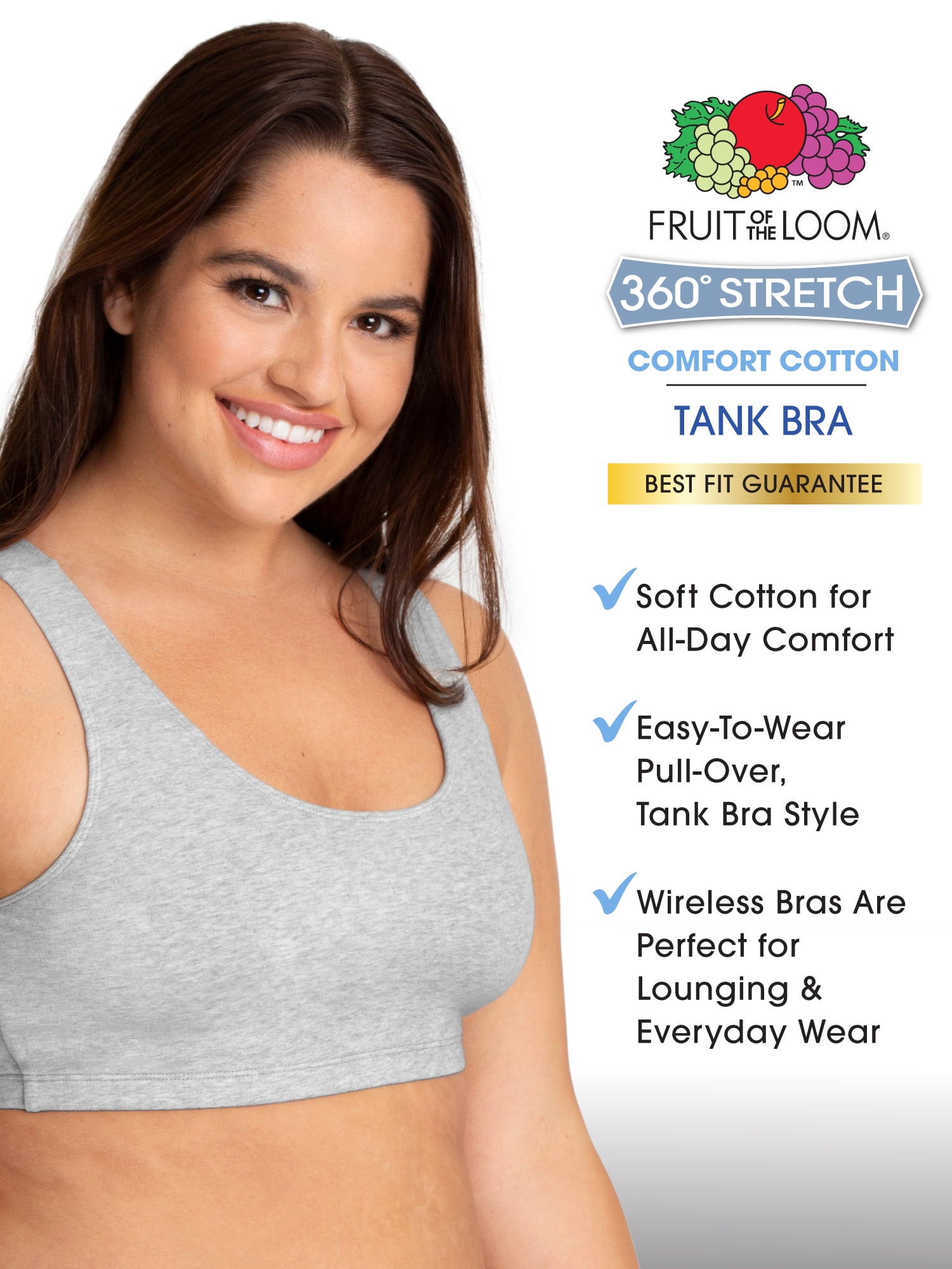 Fruit of the Loom Women's Tank Style Cotton Sports Bra, 3-Pack, Style- 9012