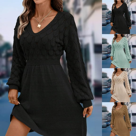 QATAINLAV Womens V Neck Mini Sweater Dress Slim Fit Long Sleeve Ribbed Knit Dresses Crochet Comfy Fit Flare A-Line Dresses