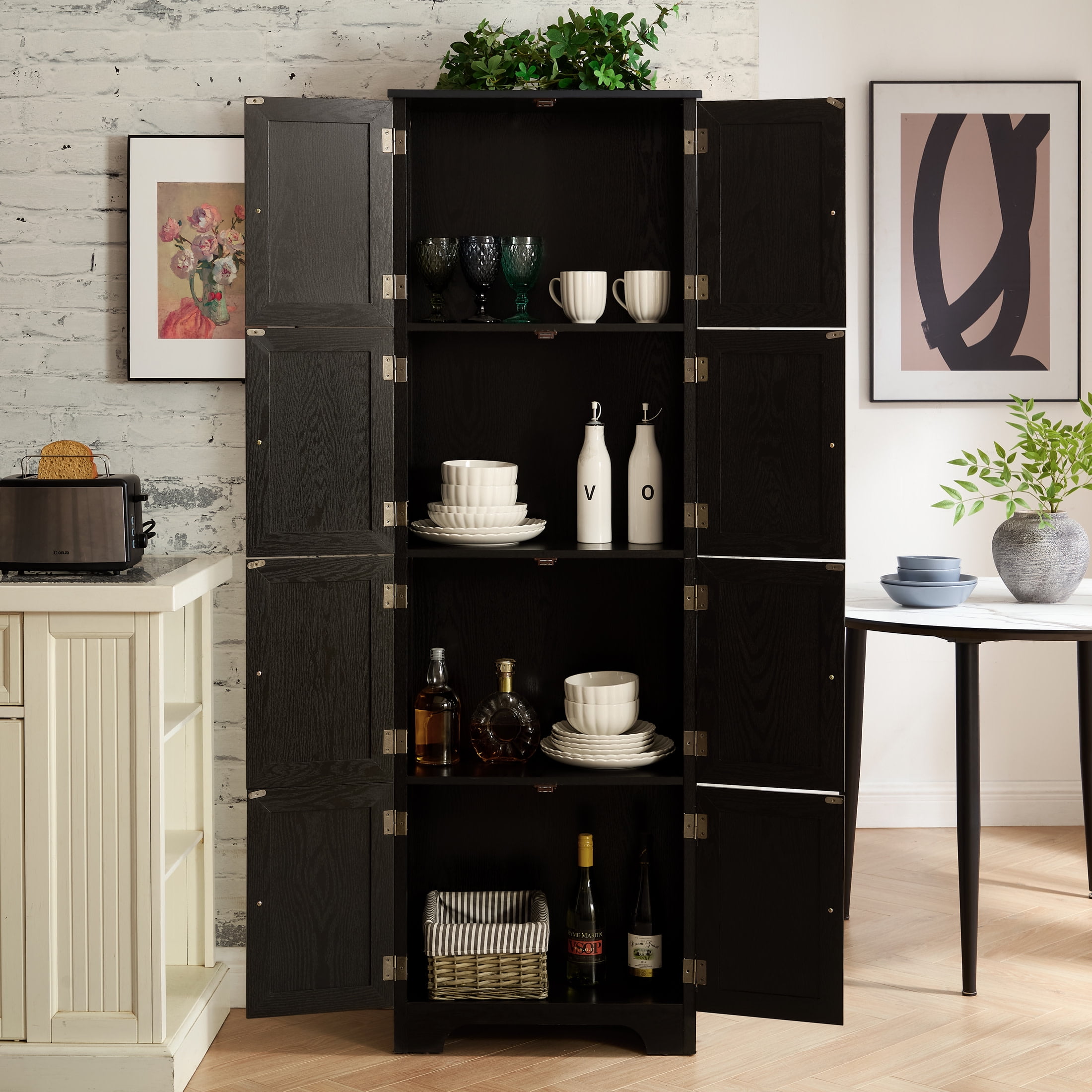 Noble House Vandal 72.4" Tall Storage Cabinet, 8-Door Freestanding Pantry Bookshelf with Shelves, Kitchen, Black