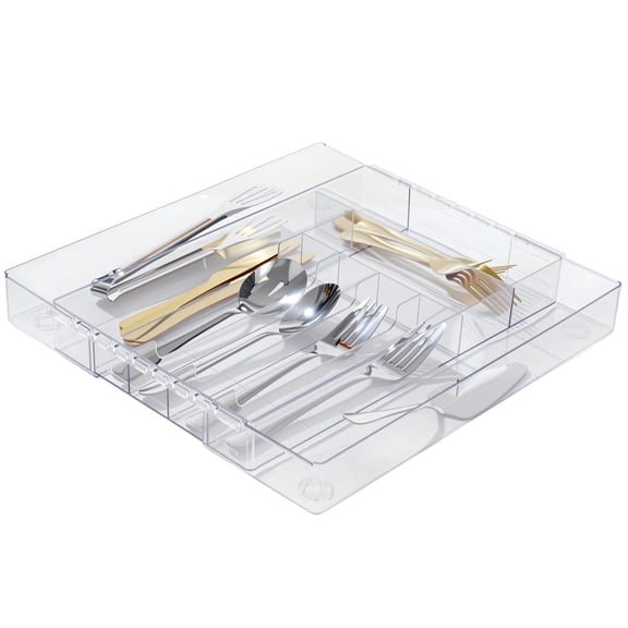 Acrylic Kitchen Drawer Organizer, Expandable Silverware Holder, Utensil & Cutlery Tray with Knife Storage, Flatware Utensils Holder, 7 to 9-Compartment Kitchen Drawer Organizer for Spoon
