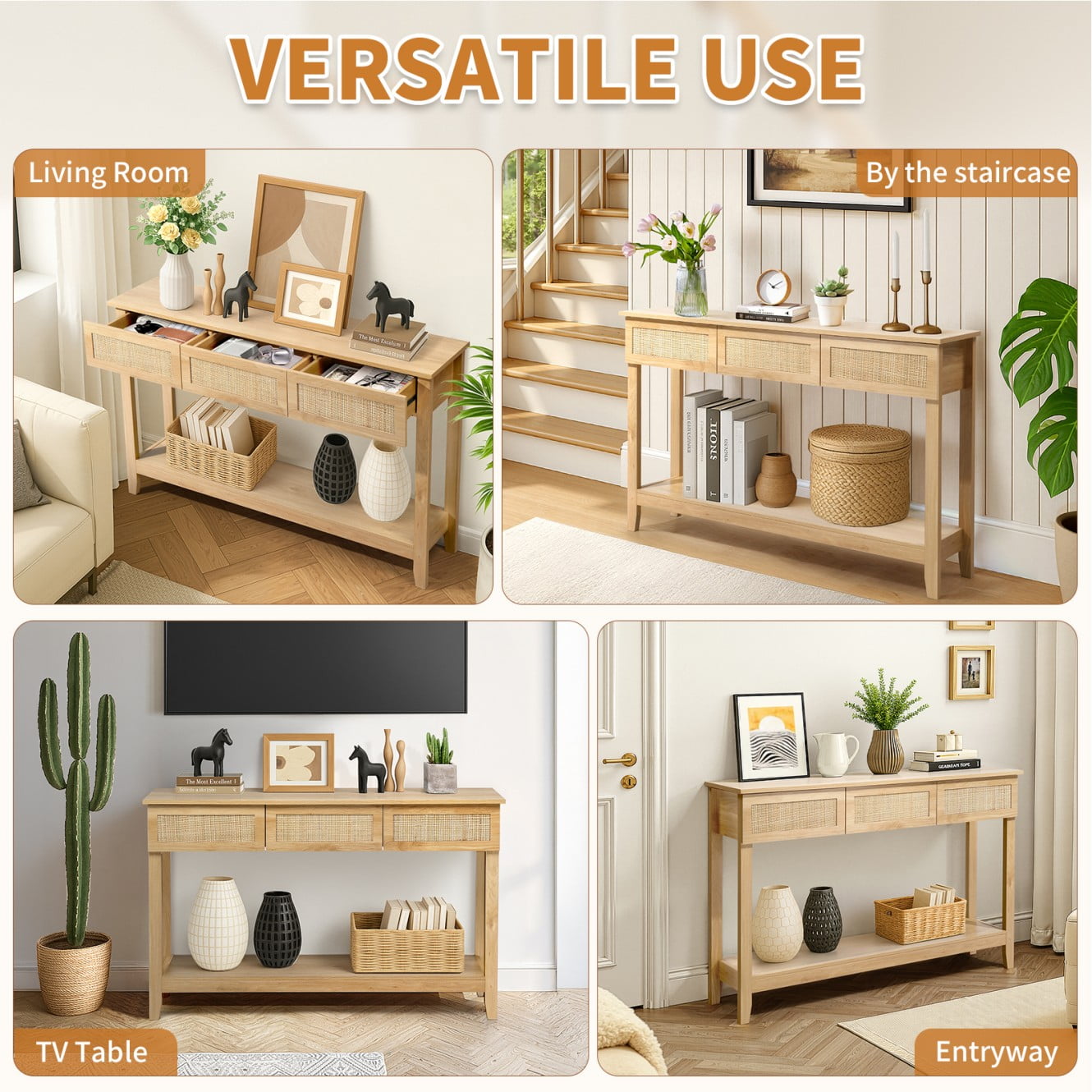 Tcbosik 51.2-Inch Boho Style Rattan Console Table with 3 Drawers & Open Shelf – Natural Wood Finish, Narrow Entryway Table for Hallway, Living Room, or Foyer