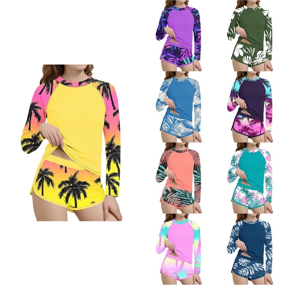 Agkizg Girls Long Sleeve Rashes Guard Set Two Piece Swimsuit Hawaiian Print Sun Protection Swimwear for Kids Youth Teens Summer Beach Surfing Swimming Outfit