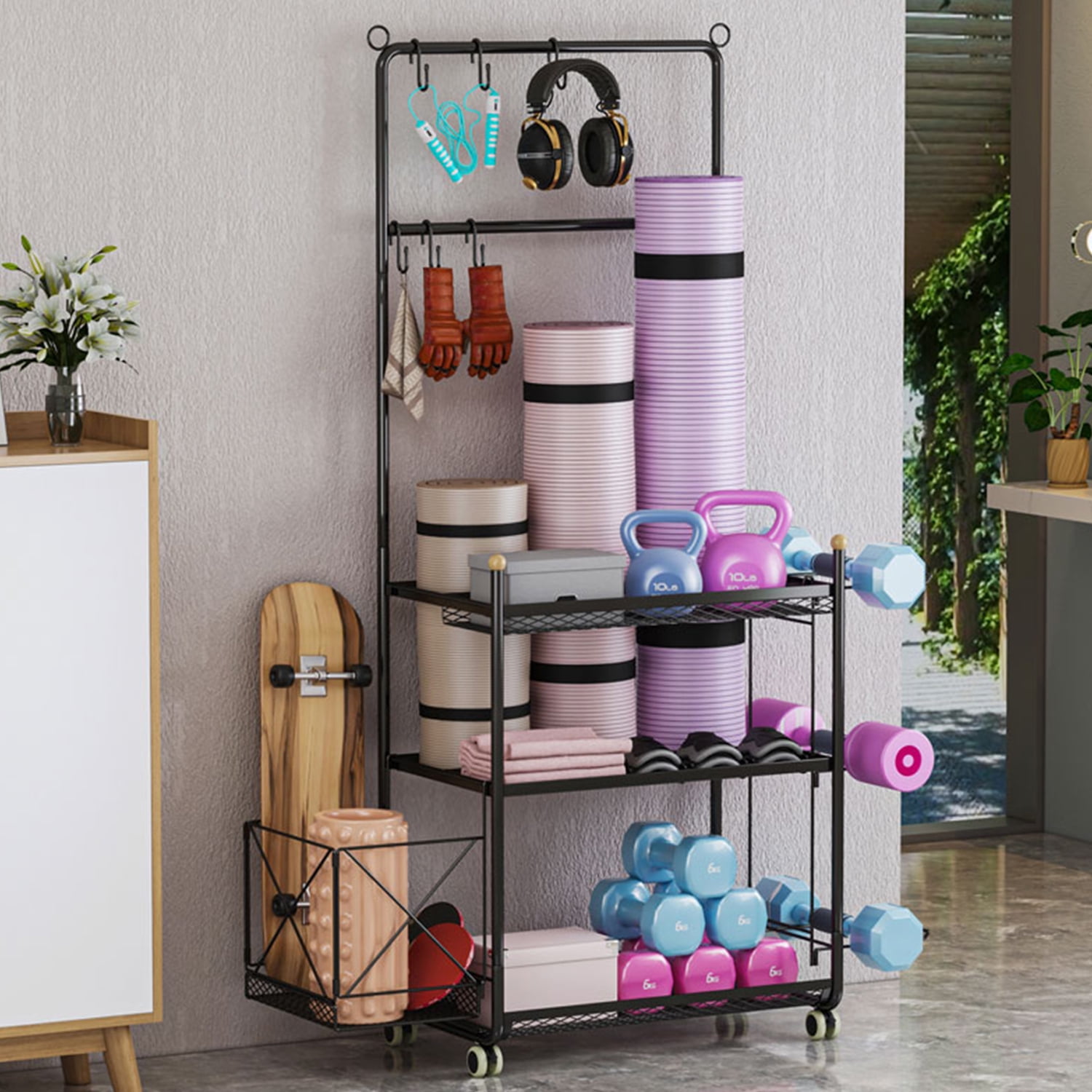 Enloy Yoga Mat Storage Rack, Home Gym Storage Rack with Wheels for