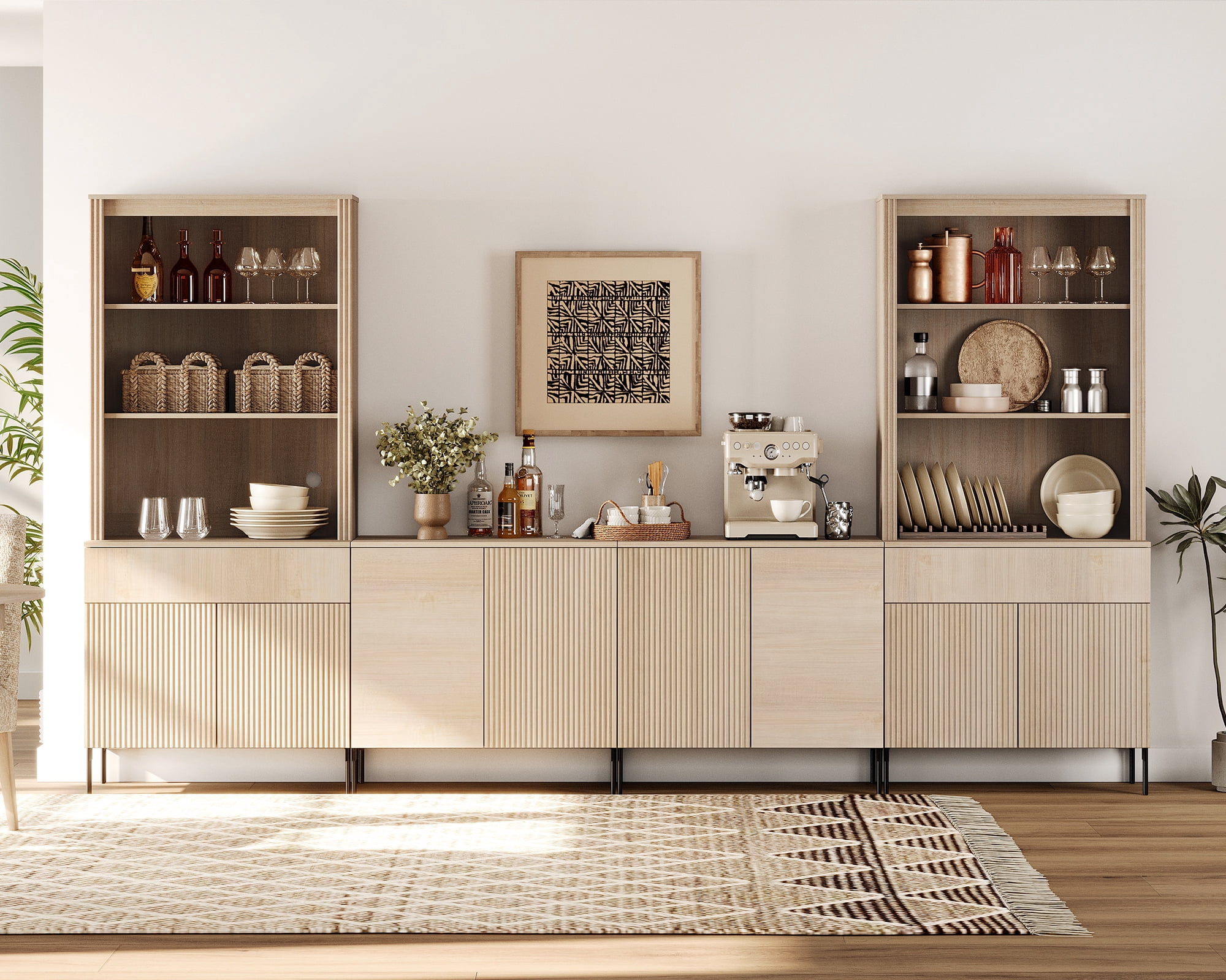 71.6"H X 126"W Set Of 4 Bookcase with Storage Cabinets, 14 Tier Bookshelf with Fluted Doors and Adjustable Shelves, Large Modern Display Cabinet with Drawers