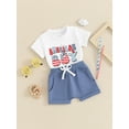 thumbnail image 3 of FEORJGP 4th of July Clothes for Baby Boys 6M 12M 18M 2T 3T 4T Kids Short Sleeve T-shirt Crew Neck Letter Print Tops Solid Color Drawstring Shorts Sets Toddler Infant Fashion Cute Daily Summer Outfit, 3 of 7