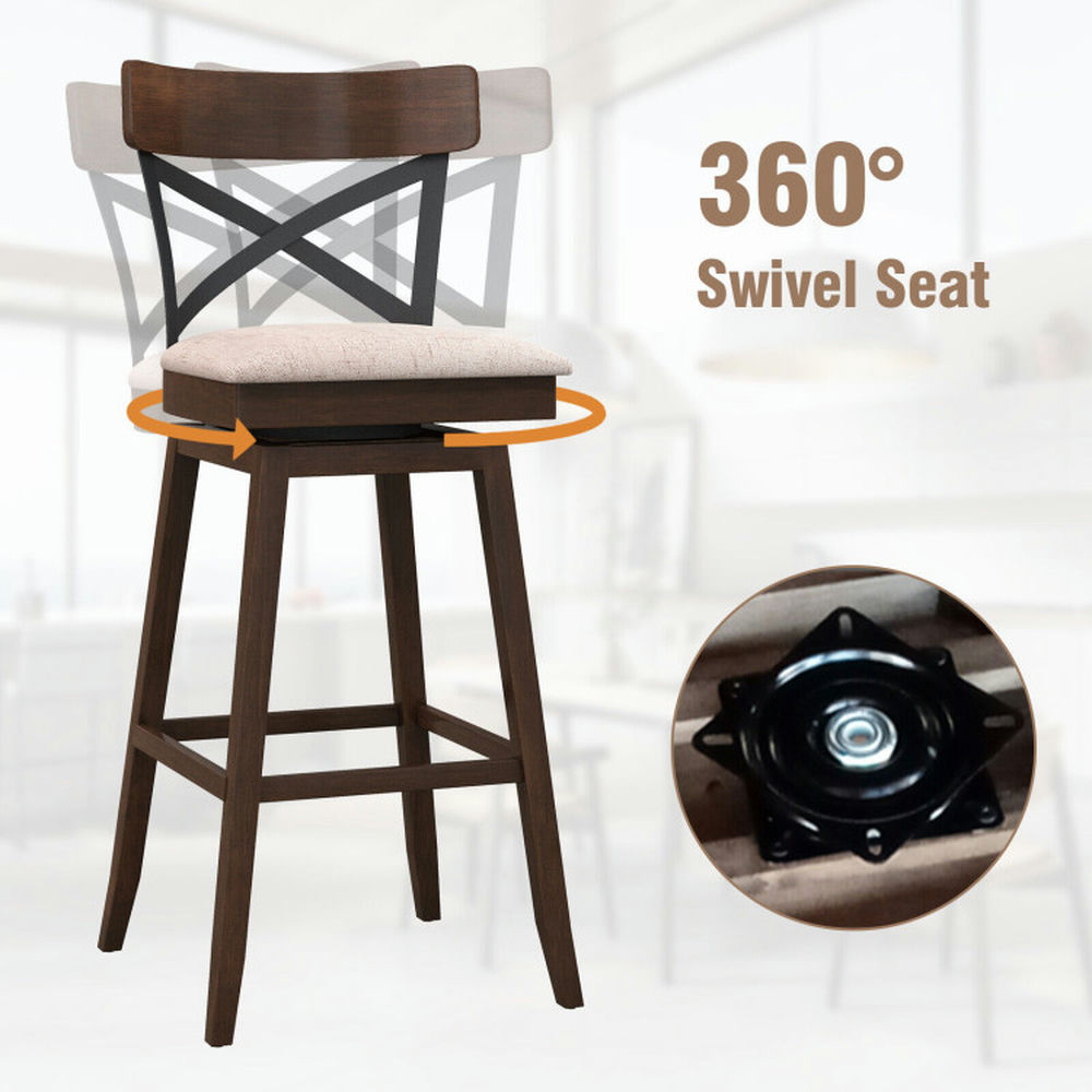 Demi Bonn 30" Set of 2 Wooden Swivel Bar Stools with Cushioned Seat and Open X Back, Modern Dining Chair, Beige