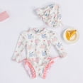thumbnail image 2 of Xudanell Toddler Swimsuit Girl Cute Floral Graphic Printed Bathing Suit with Matching Hat Bow Drawstring Beige 0-3 Months, 2 of 5