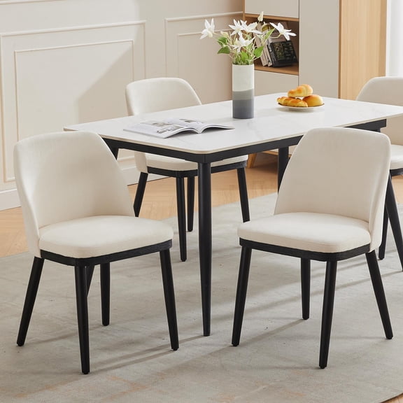 Modern Dining Chair Set of 2, Linen Upholstered Kitchen Beige Chair with Curved Back, Sold Wood Legs, Accent Chair for Kitchen, Dining Room, Living Room, Beige