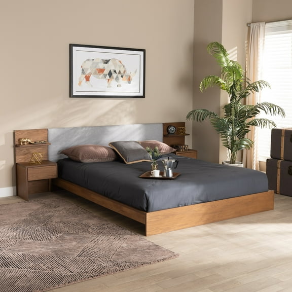 Baxton Studio Sami Contemporary/Modern Engineered Wood Storage Platform Bed, Queen, Light Grey/Walnut Brown