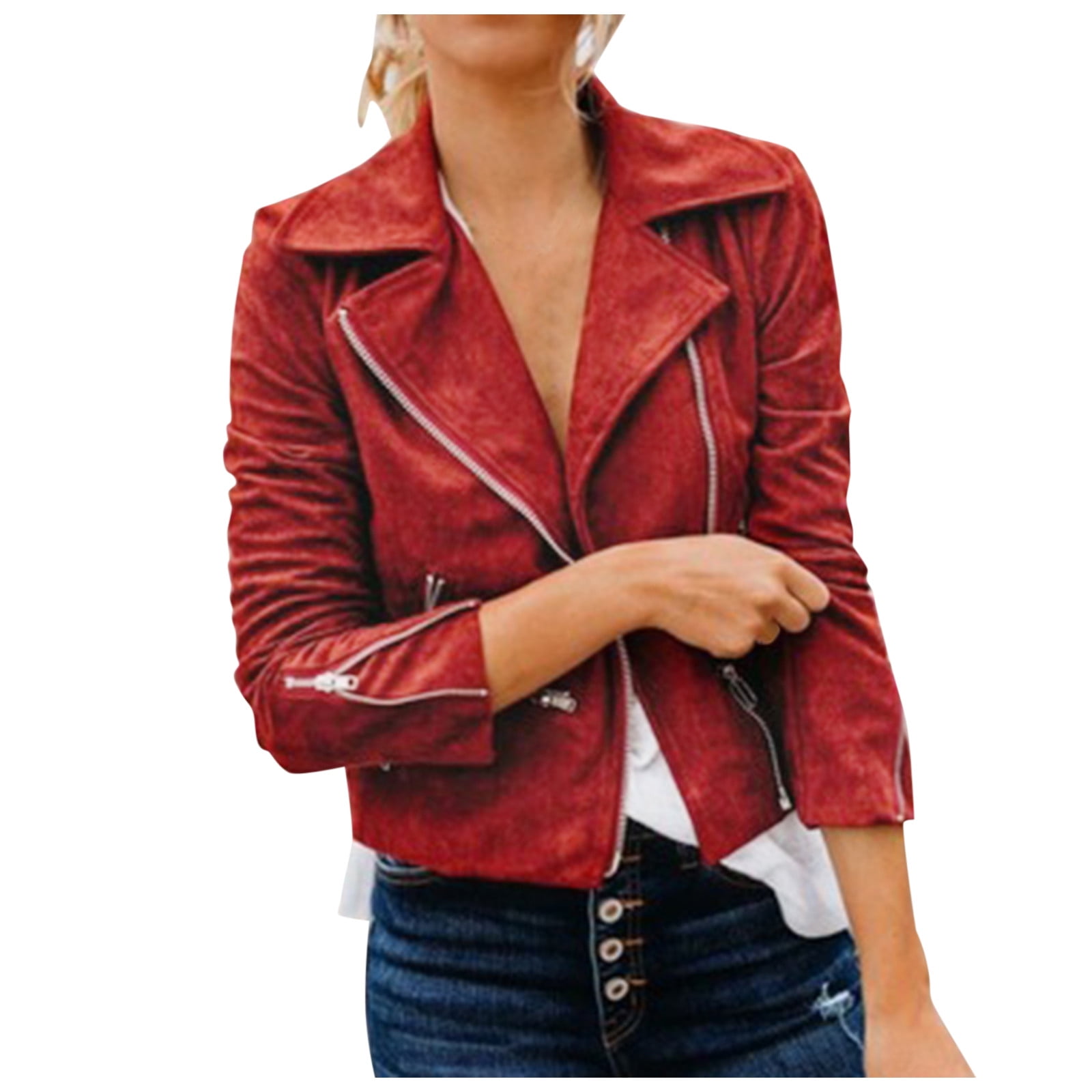 nsendm Womens Coat Adult Female Clothes Half Denim Jacket for Women Women Lapel Coat Tops Leather Buckle Cool Jackets Faux Lamb Wool Thick Zip up