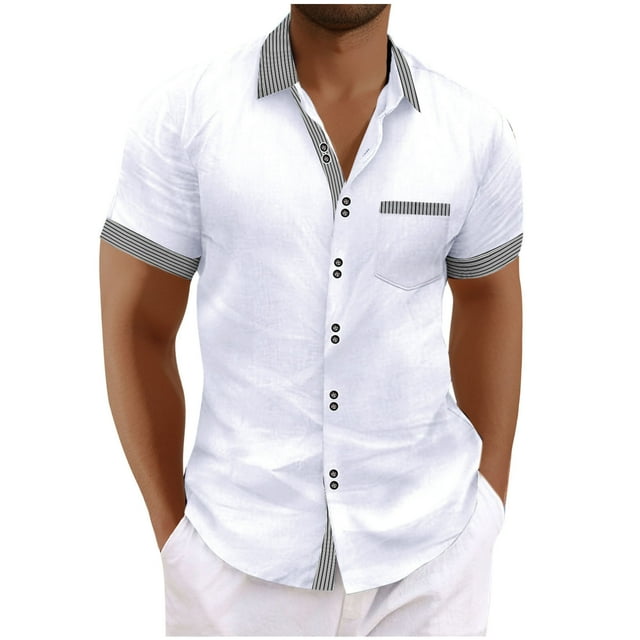 Mens Manga Corta Botón Abajo Camisas Bolsillo de Cuello Turndown de Negocios, Moda Algodón/Blusa de Mezcla de Lino