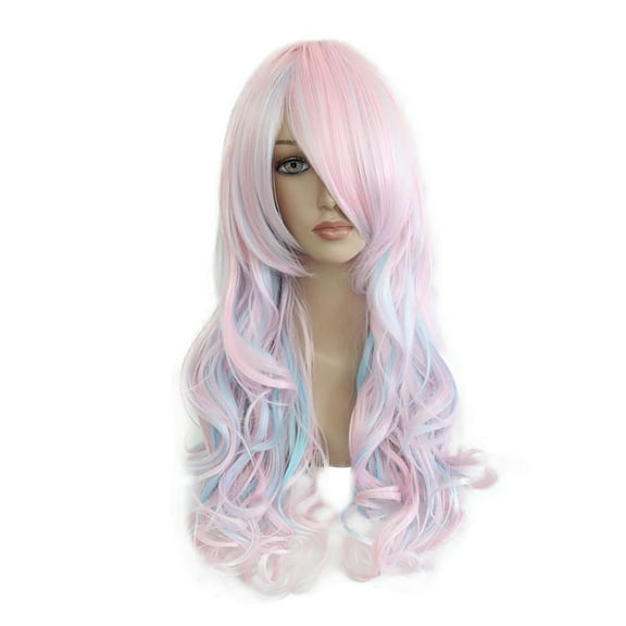 Unique Bargains Wigs for Women 28" Pink Gradient Blue Curly Wig with Wig Cap