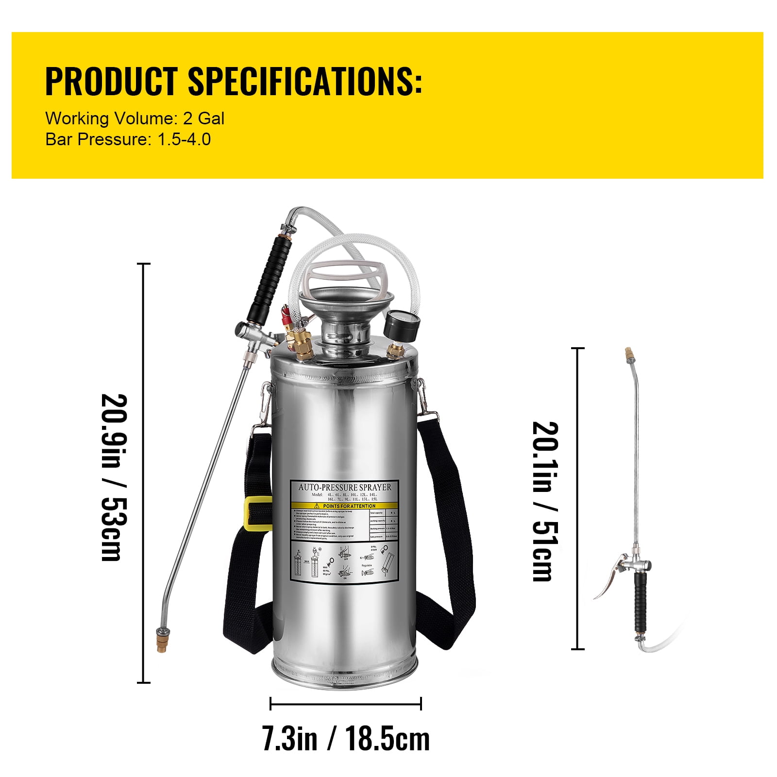 KFFKFF 2G Stainless Steel Sprayer, Full Set with 20" wand& handle& 3.3" Reinforced Hose, Hand Pump Sprayer with Pressure Gauge&Safety Valve, Adjustable Nozzle Suitable for Gardening and Sanitizing