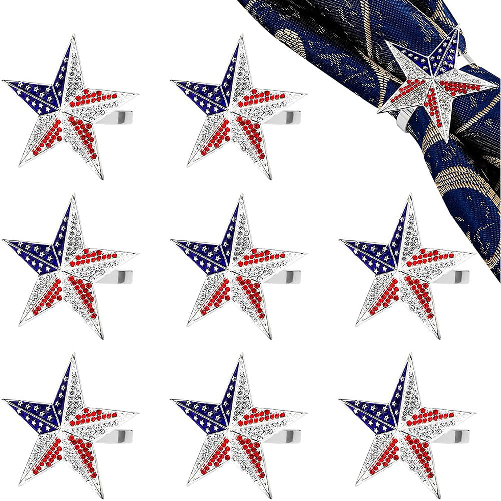 6 Pieces Star Metal Napkin Ring Holder Buckle Independence Day Patriotic Napkin Ring 4th of July Napkin Rings Holders National Flag Napkin Ring Rhinestones Napkin Ring for Dinner Table Decoration 