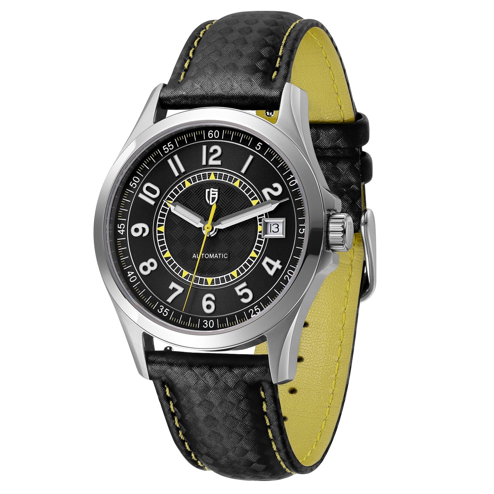 BERNY Men's Automatic Watch, Leather Strap Mechanical Watch with Date, Super Luminous, Sapphire Crystal, 10ATM Waterproof, Fashion Casual Wristwatch for Men (Yellow)