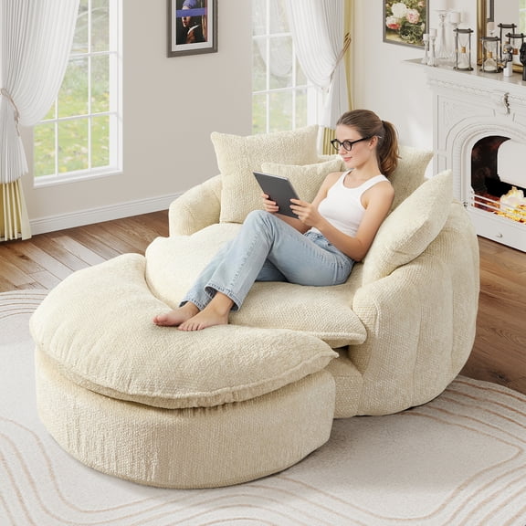 Aukfa 75" Oversized Round Chaise Lounge Chair with Half Moon Ottoman, Boneless Cloud Circle Deep Seat Sofa Set for Living Room, 5 Pillows, No Assembly Required, Beige