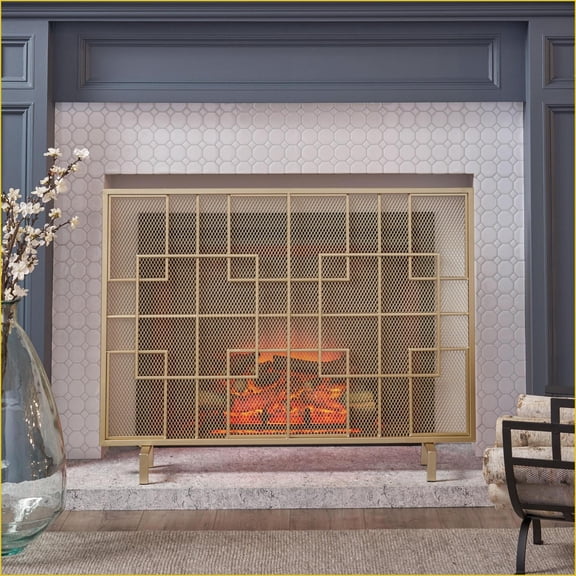 Fireplace Screen Modern Single Panel, Gold Iron Finish For Living Room Bedroom | Gold | Iron