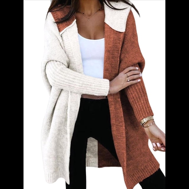 Cárdigan de Punto con Capucha y Larga con Abertura Frontal para Mujer, Abrigos con Bloques de Color, Otoño e Invierno y Rojo L