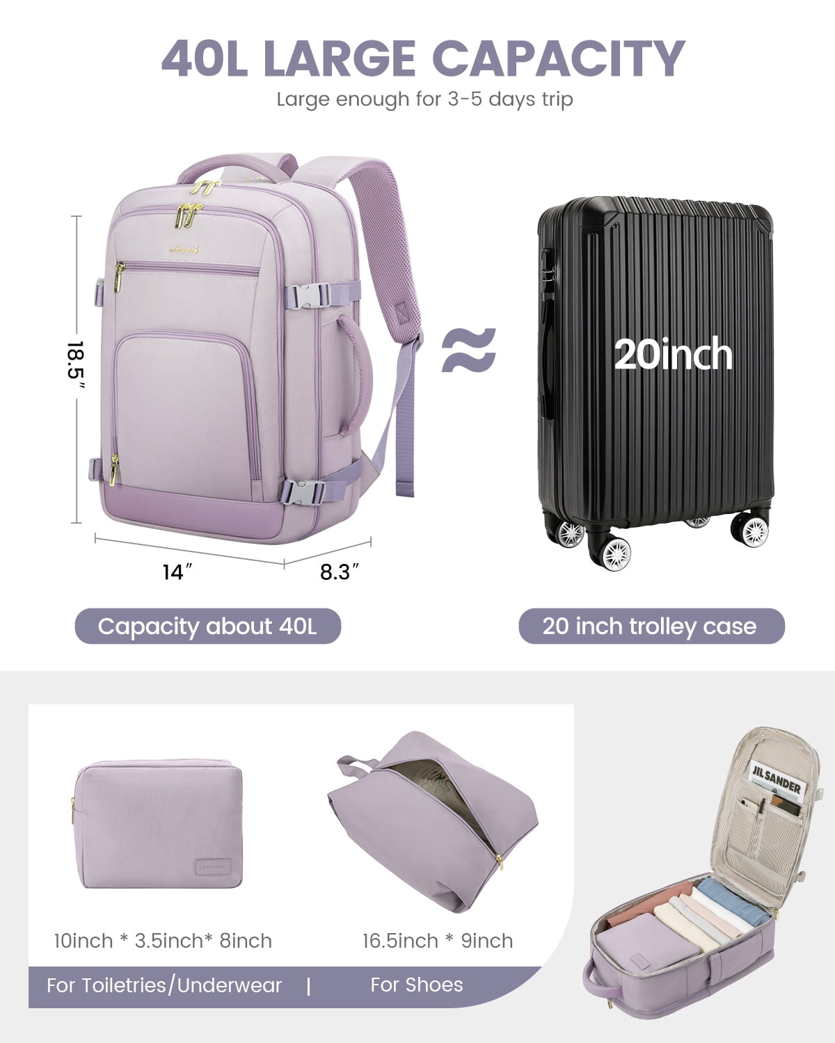 Lovevook Travel Backpack, 40L Carry-on Luggage Backpack Airplane Approved Size, Person Item Bag Business Weekender Overnight Bag with 3 Cubes