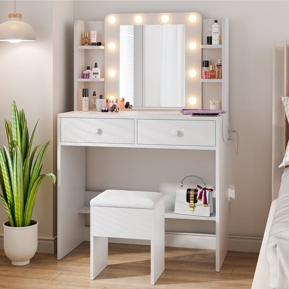 Bexfil Makeup Vanity Desk With Mirror And Lights, With Large Drawer and 6 Open Level Storage, Large Led Mirror With 3 Color Lighting Modes