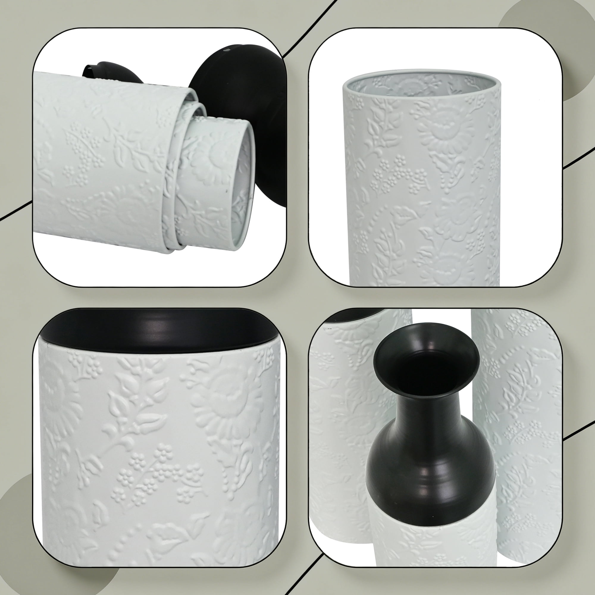Leumius Decorative Metal Vases Set of 3, White Leaf Pattern Floor Vases, White & Black Tall Vases for Home Decor, Living Room Entryway Decor