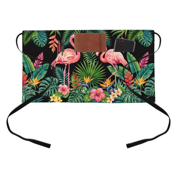 Tropical Pink Flamingos Kitchen Restaurant Half Waist Apron, Summer Rustic Black Green Monstera Leaf Flower Server Short Apron with 3 Pockets Waterproof Oil Waist Aprons for Women Waitress Waiter