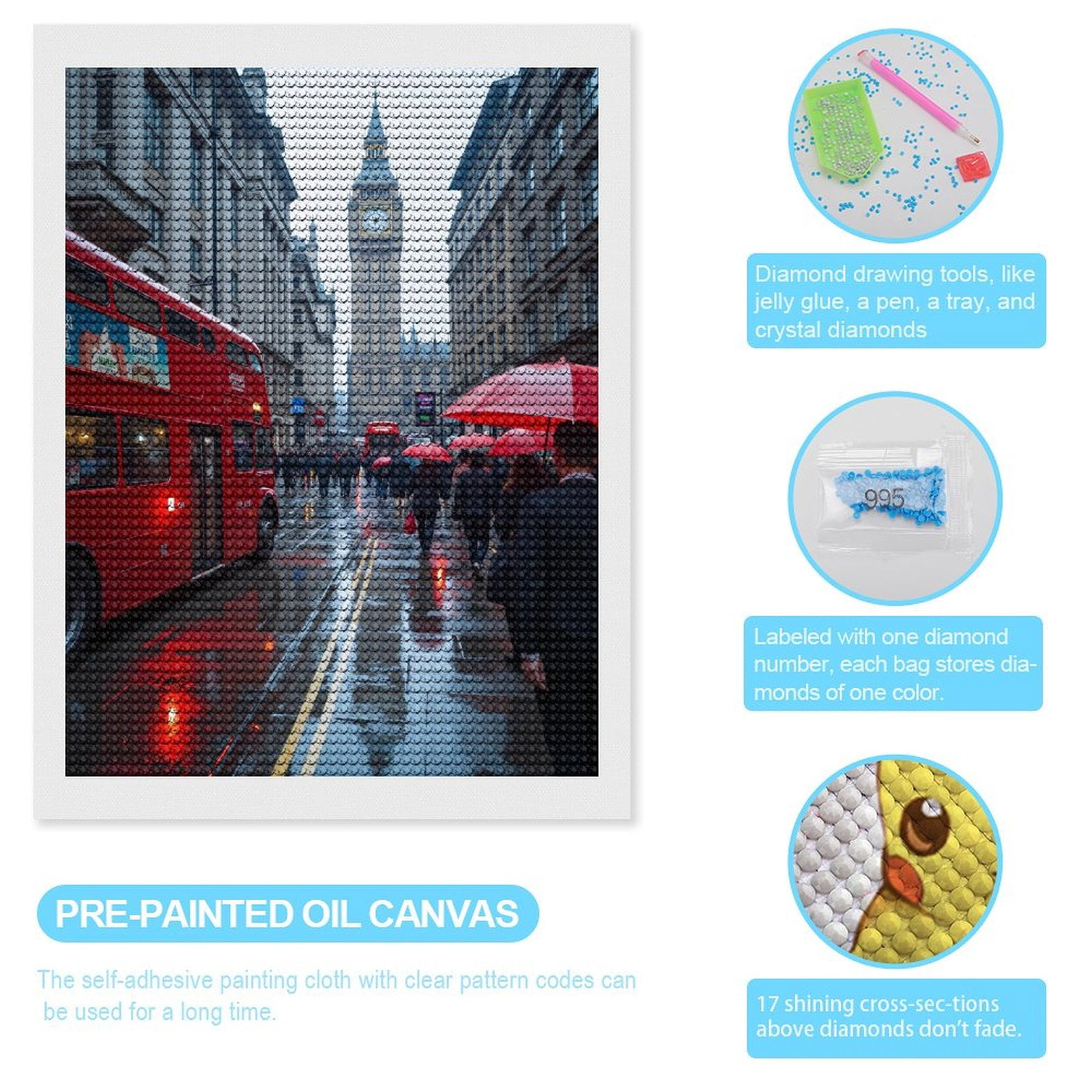 Diamond Art Kits for Adults - London Rainy Day Red Buses Umbrellas 5d Diamond Painting for Adults, Diamond Art for Adults Beginners, Frameless Diamond Painting Kits for Adults for Home Wall Decor