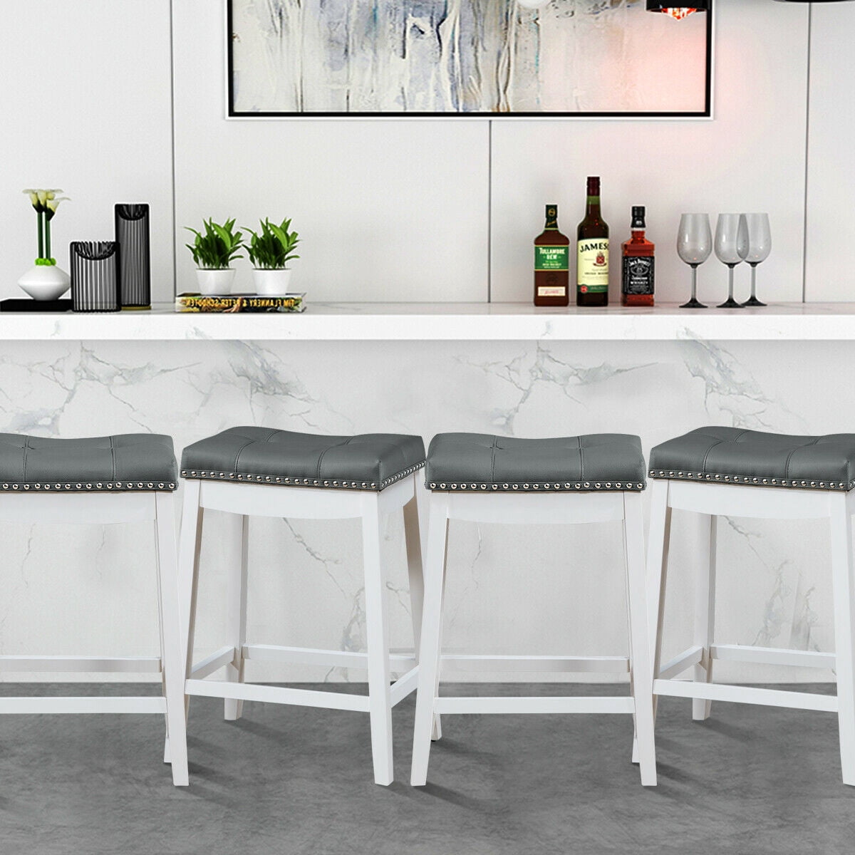 Topbuy 4PCS Saddle Bar Stools Backless Nailhead Counter Stool with Grey Cushions White
