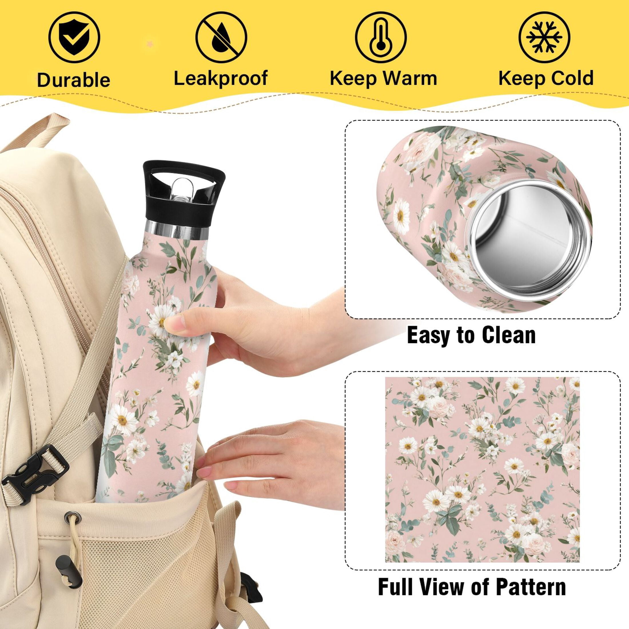 Kids Insulated Stainless Steel Sports Water Bottle 600ml Small White and Pink Flowers