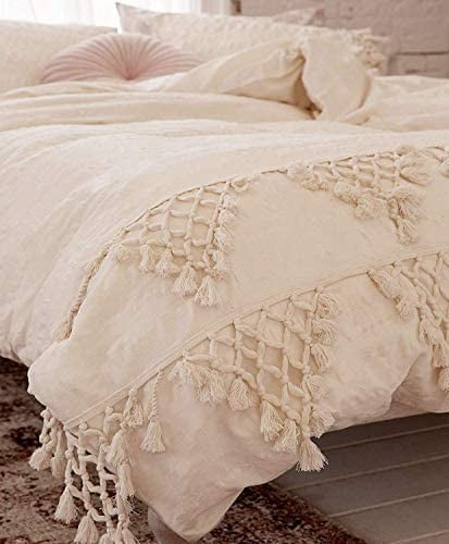 Flber outlet Ivory Duvet Cover Boho Cotton Tassel Bedspreads Comforter Quilt Cover 86'Wx90'L