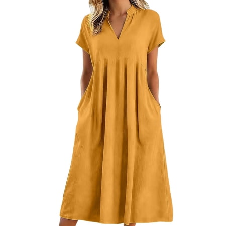 DGMIOCS Women’s Summer Dress Loose Fit V Neck Dress With Pockets Flowy Beach Holiday Maxi Dress Yellow L