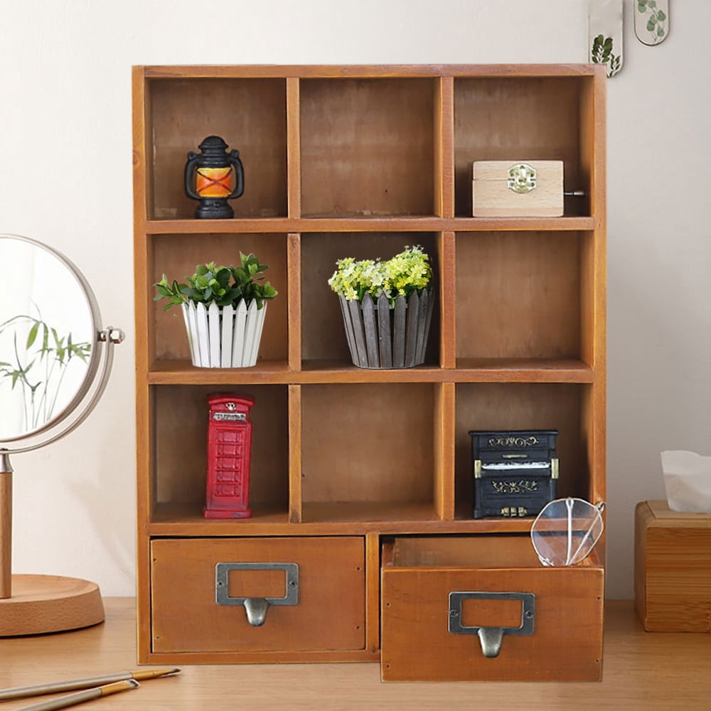 9-Cube Wooden Display Shelf With 2 Drawers Desktop Storage Organizer Brown