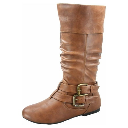 

Sonny-54 Women s Caual Side Zip Buckles Slouch Flat Heel Mid Calf Round Toe Boots ( Tan 6)
