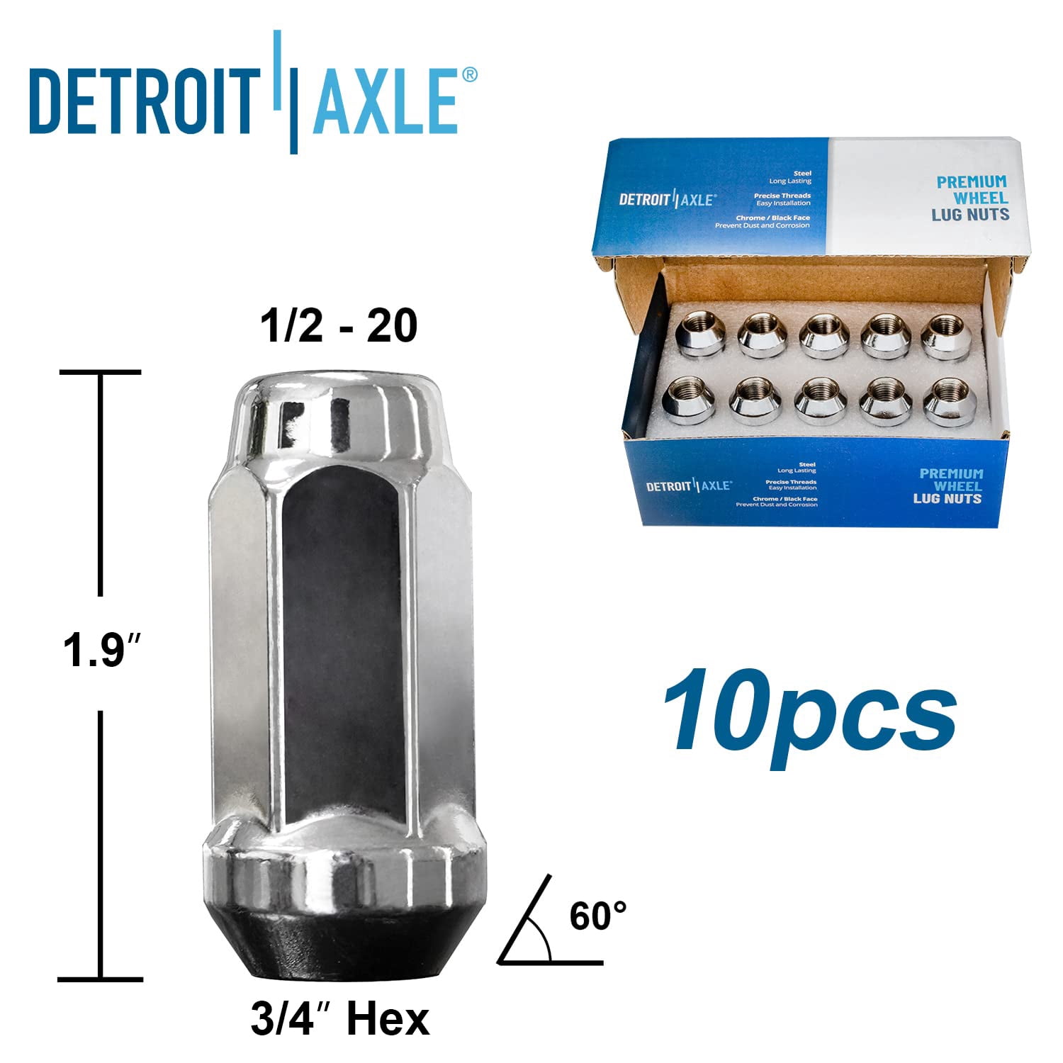 Detroit Axle - 1/2''-20 Chrome Wheel Lug Nuts Replacement for 2010-2019 Ford Taurus Flex Lincoln MKS MKT