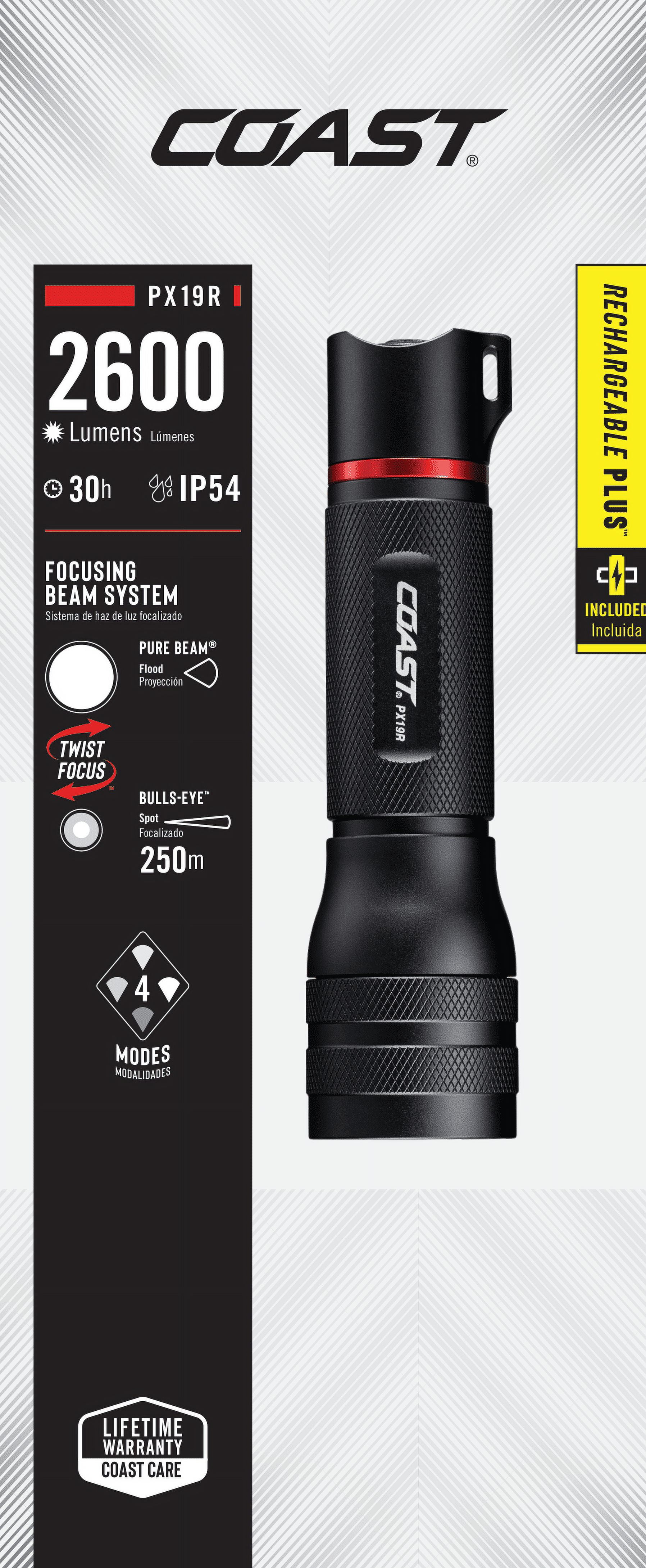 COAST PX19R Rechargeable LED Flashlight  2600 Lumens, USB-C, Dual Power, 4 Light Modes