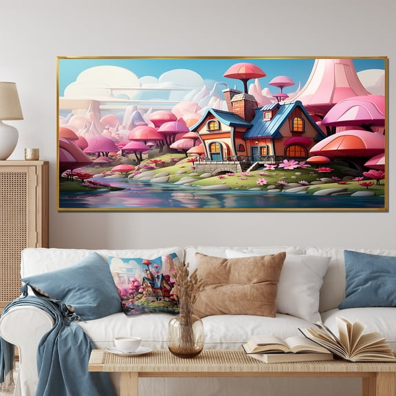 Designart "Charming Gateway to Pink Cottage Garden III" Oversized Landscapes Framed Wall Art - Coastal Pink Landscape Cottage Hallway Framed Wall Art Decor