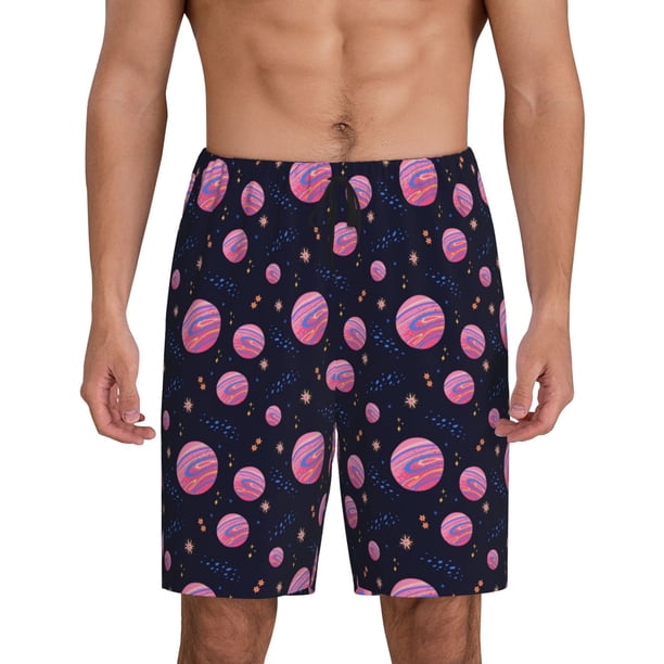 Balery Pink Planets And Stars Pantalones cortos de pijama de punto de algodón para hombre con cinturilla y bolsillos-4X-Large