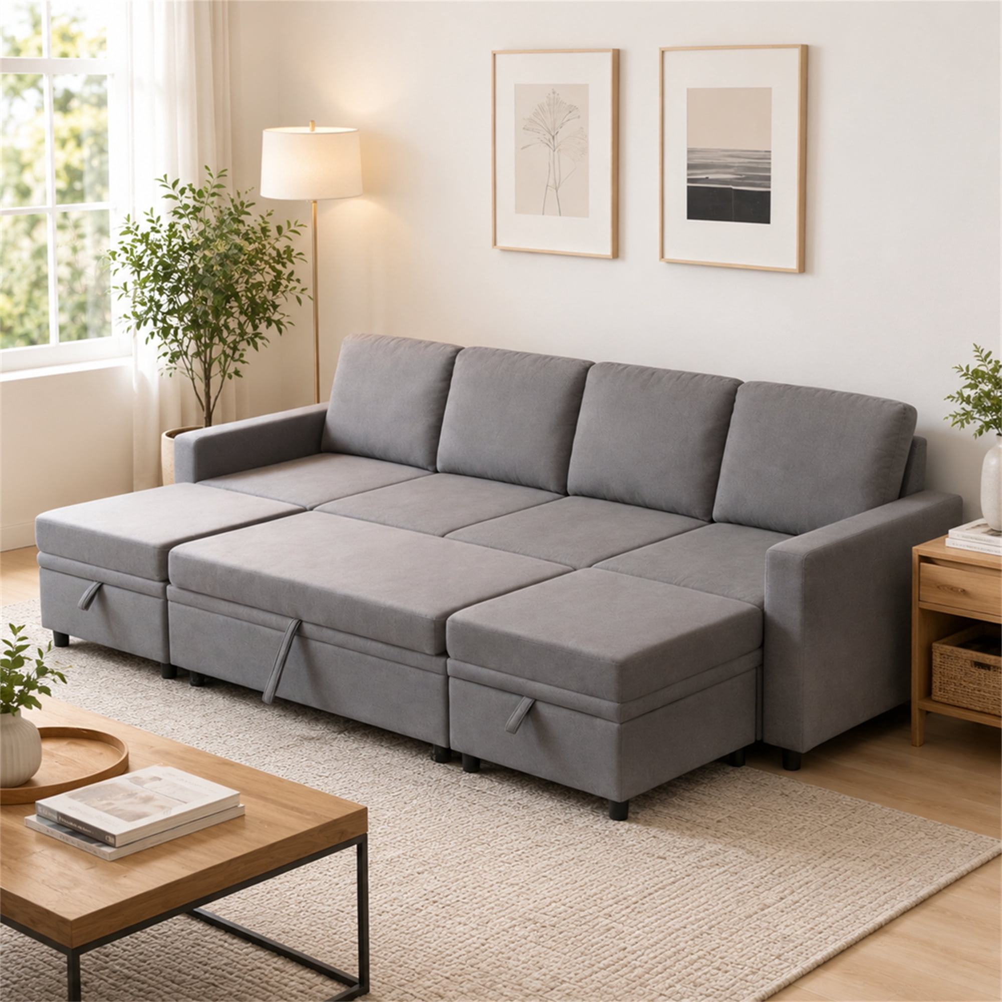 Aukfa 100" U-Shape Convertible Sectional Sleeper Sofa Bed for Living Room, 2 Storage Ottoman&Pillows, 6 Seat Modular Sofa, Linen, Gray
