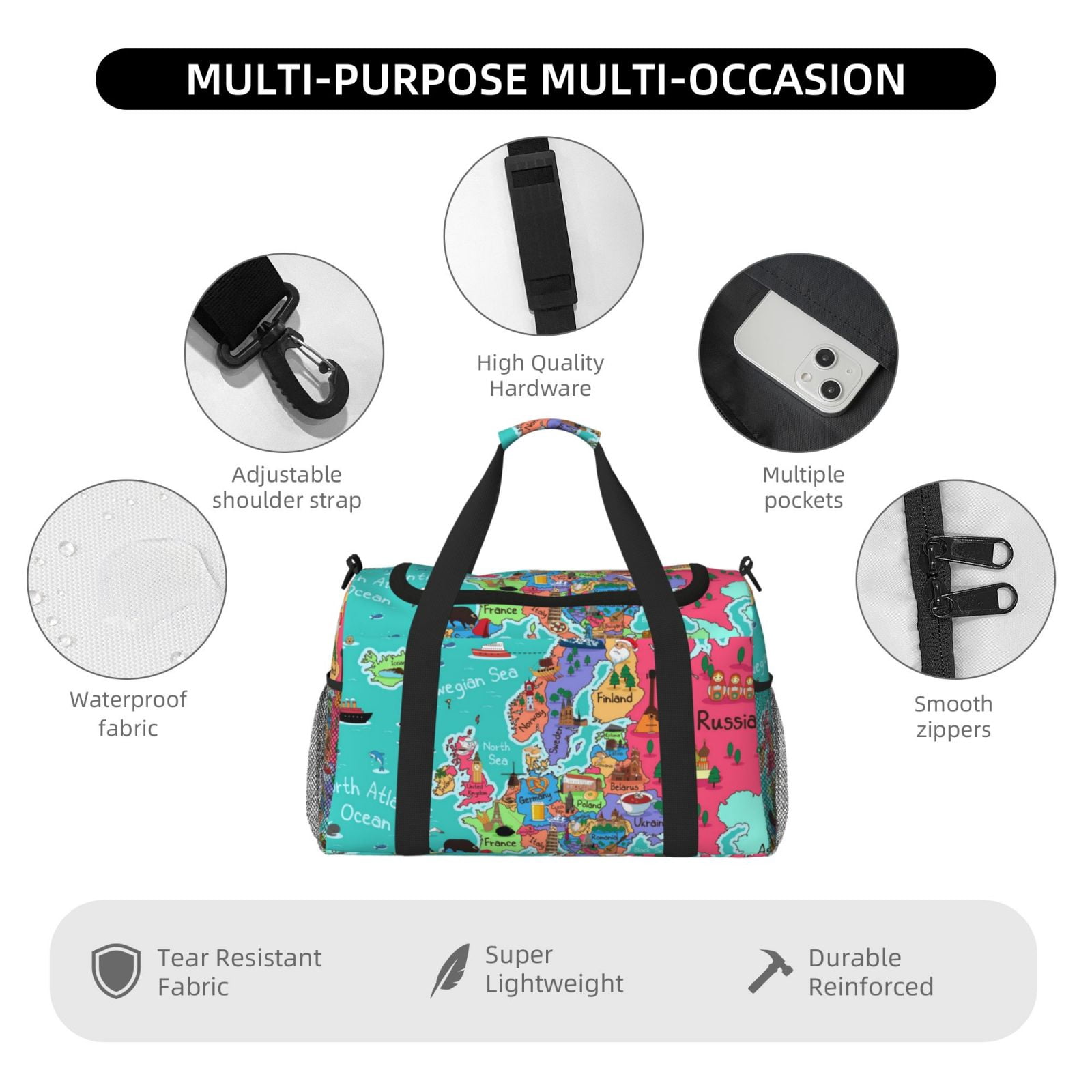 Fuzoiu Cartoon Map Of Europe Print Travel Duffle Bag,Carry On Tote Bags,Duffel Bag,Sport Gym Bag, Hospital Bag for Labor and Delivery, Overnight Bag,Luggage Bag