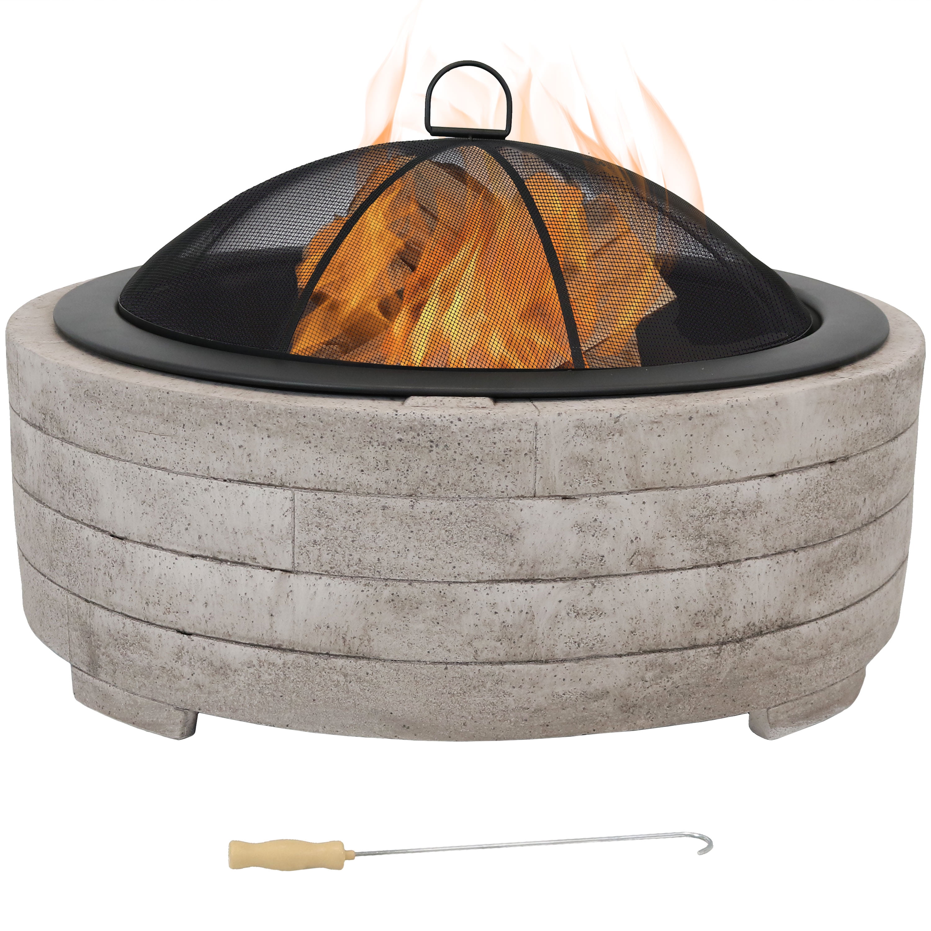 Peaktop Concrete Round Charcoal and Wood Burning Fire Pit for Outdoor Patio Garden Backyard with Spark Screen 27 inch Length Grate Natural Stone and BBQ Grill Fireplace Poker 
