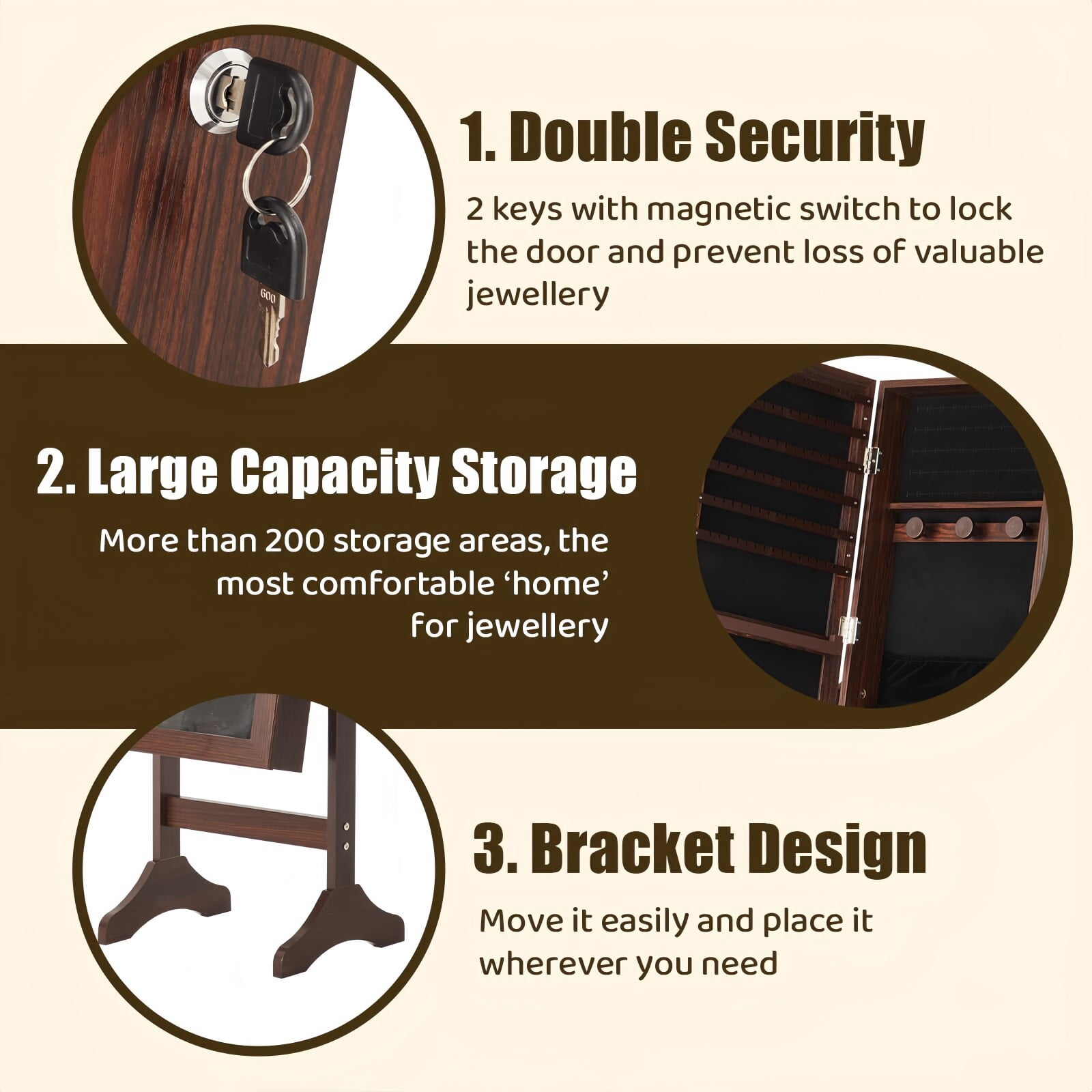 Kelno 60" Freestanding Jewelry Armoire with HD Mirror Adjustable Angles Jewelry Organizer Cabinet, Rust