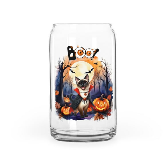 Happy Halloween Vampire Siamese BOO with Pumpkins Fun and Spooky 16oz Glass Cup Mug Cat Lover Kitten Owner Gifts Glass Can - 00018