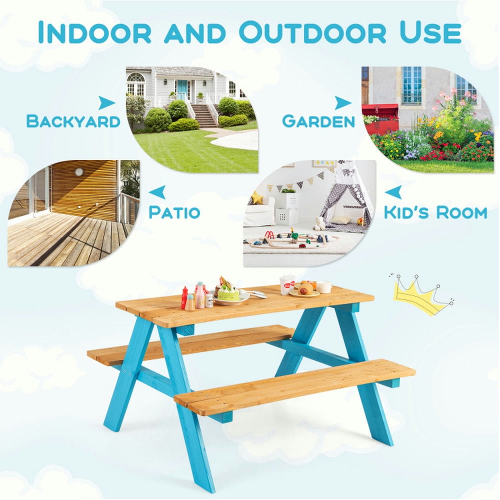 GVN Children Outdoor Wooden Table with Bench Seats for Indoor and Outdoor Use-Natural, Kids Desk and Chair Set for Arts & Crafts, Snack Time, Homeschooling, Homework