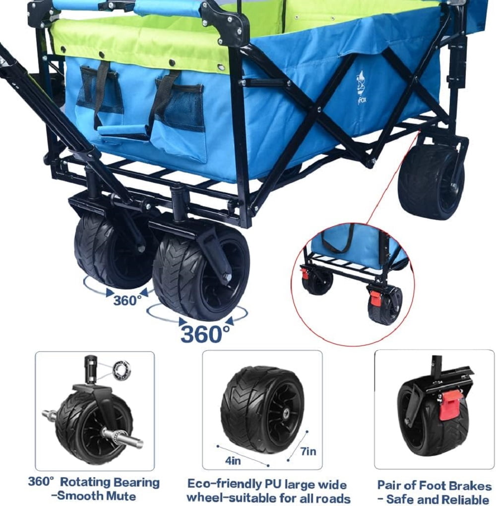 Collapsible Wagon Heavy Duty Folding Wagon Cart with Removable Canopy, 4" Wide Large All Terrain Wheels, Brake, Adjustable Handles, Cooler Bag Utility Carts for Outdoor Garden