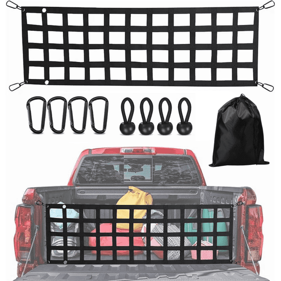 Tailgate Net for Pickup Truck Bed, 60"x18" Mesh Tail Gate Cargo Netting with 4 Straps & Hooks, Compatible with Ford, Chevy, Ram, Toyota, Black