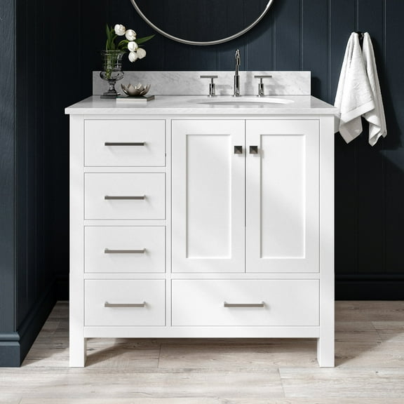Ariel Cambridge 37 In. Right Offset Oval Single Sink Vanity With Carrara White Marble 0.75 In Countertop In White