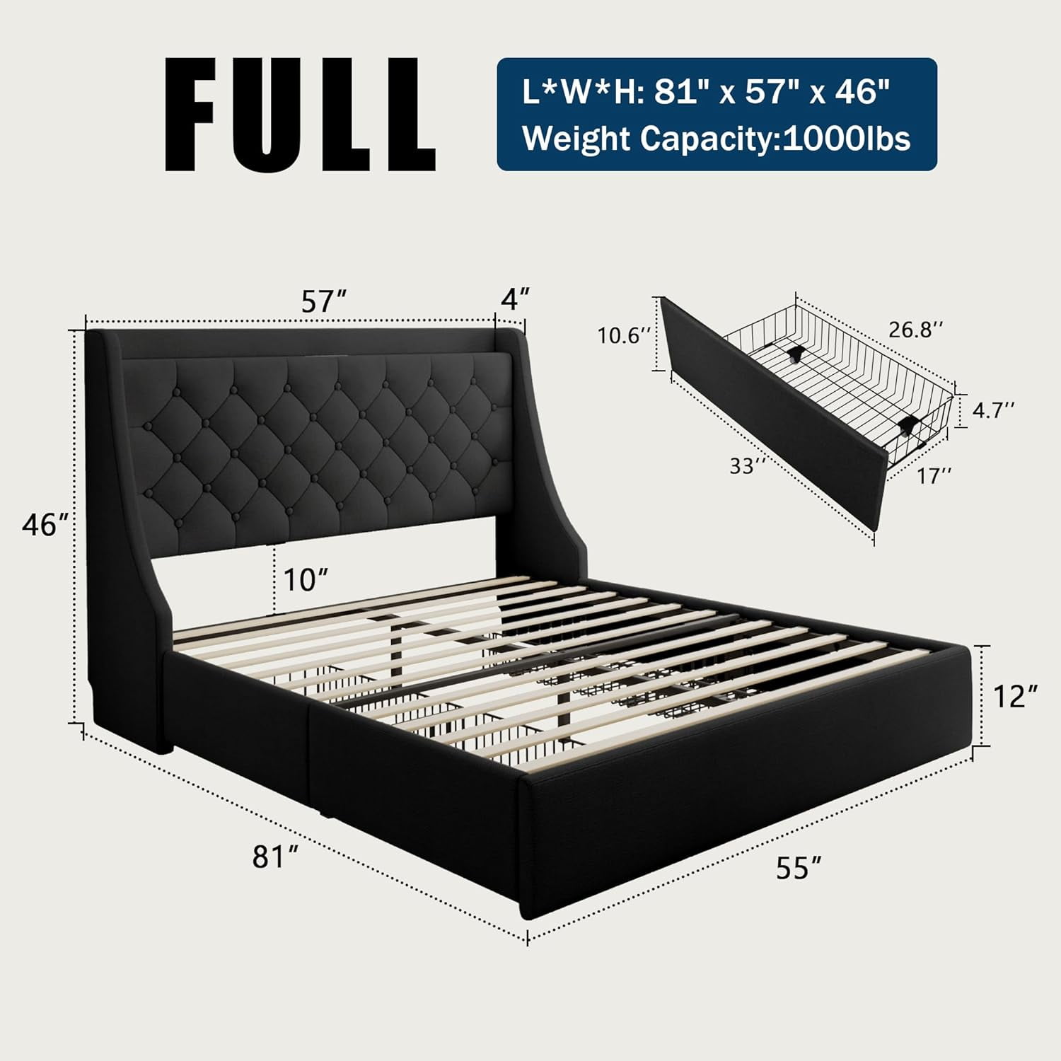 Galnfu Full Bed Frame with 4 Storage Drawers, Giant Upholstered Wingback Headboard, Fast Charging Station, No Box Spring Needed, Noise-Free,Black